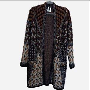 BCBGMaxAzria Multicolor Geometric Gold Chain Fuzzy Long Cardigan
